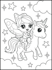 Black and white fairy coloring pages for kids. Children's coloring books with cute cartoon fairy and unicorn characters, fun and educational materials for kindergarten.