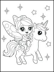 Black and white fairy coloring pages for kids. Children's coloring books with cute cartoon fairy and unicorn characters, fun and educational materials for kindergarten.