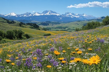 Fototapeta premium Vibrant Wildflower Meadow with Snow-Capped Mountains in the Background Against a Clear Blue Sky