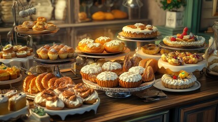 An array of delicious desserts and cakes displayed in a vintage bakery shop