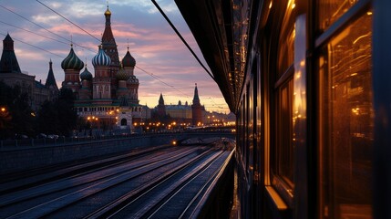 Fototapeta premium A view of Moscow iconic Red Square and St. Basil Cathedral from a train window at twilight.