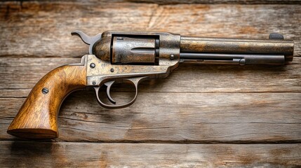Antique revolver on rustic wood background