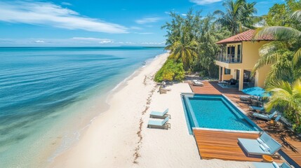 Obraz premium Beautiful beachfront and blue sky beach. Luxury tropical landscape from private villa with deck chairs table loungers and sea water. Summer travel vacation landscape. Carefree tourism home office view