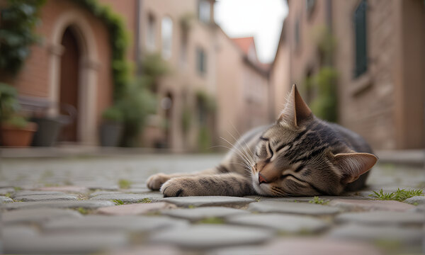 Sleeping Cat on Cobblestone Street