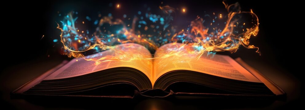 Open book with magical bright effect on black background.
