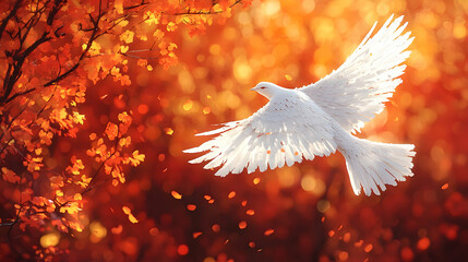 White dove in flight, autumn leaves, forest, peace, nature, spiritual imagery, card design