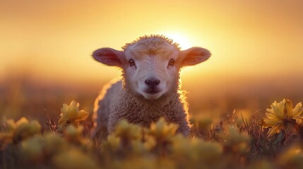 Obraz premium Baby lamb in field at sunset. Focus on innocence and nature. Possible use for children's book or greeting card