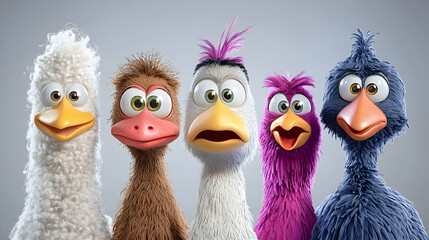 Five cartoon birds posing, studio shot, playful expressions, grey background, children's book illustration