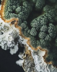 Close-up view of fuzzy green mold thriving on bread with intricate texture and details. Generative AI