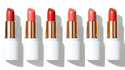 Seven coral lipstick shades arranged on white background; beauty product; studio shot; for makeup tutorials or online stores