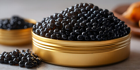 Luxurious black caviar in golden tin, showcasing its rich texture and elegance