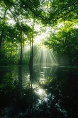 Obraz premium Sun rays through trees reflecting on water. Serene natural scene for travel posts