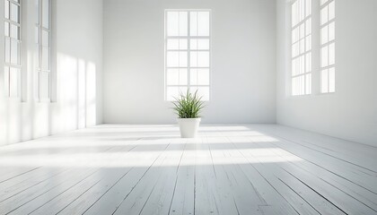 Fototapeta premium A bright and fresh empty white room with wooden floors and a single potted plant in the center.