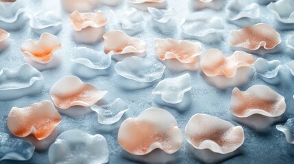 Frozen Peach-Colored Flower Petals on Ice Background