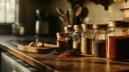 Variety of spices and herbs on kitchen table.