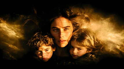 Woman and children in desert dust storm; family survival, poster