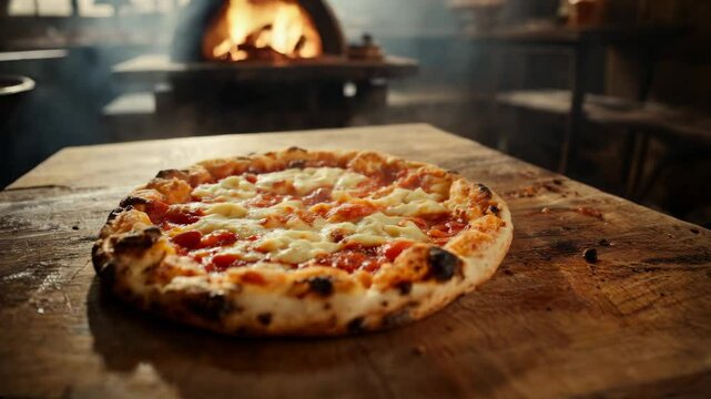 A still-piping-hot Margherita pizza, fresh from the oven, resting on a rustic wooden table, releasing steam in slow motion while a live fire burns in the background in an old-fashioned wood-fired oven