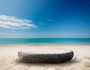 Blank rock podium stand on a tropical beach. Empty stone display platform on a white sand beach with clear blue sky. Minimalist coastal scene for product display, mockups, and relaxing themes.