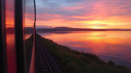 Looking out the train window, a vast lake reflects the vibrant colors of the sunset, creating a breathtaking natural scene.