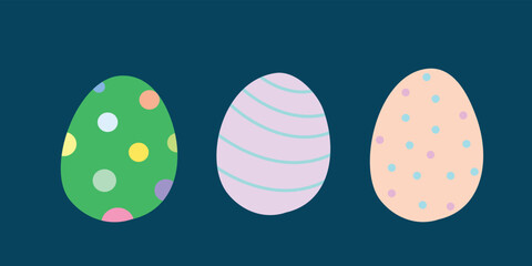 Three decorated Easter eggs with pastel colors on a dark blue background. Great for holiday designs, greeting cards, and digital art. 