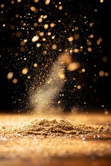 Ground spice explodes on wood table. Backlit, black backdrop. For cooking concepts