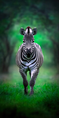 Fototapeta premium This stunning image captures a zebra gracefully walking through lush greenery, showcasing its striking black-and-white stripes against a vibrant, blurred background.
