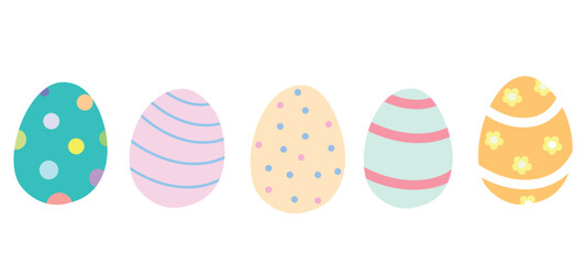 A set of five colorful decorated Easter eggs on a white background. Great for holiday designs, banners, and greeting cards. 