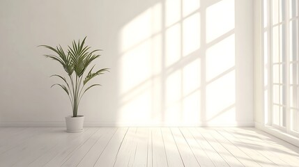 A bright, minimalist empty white room with a wooden floor and a single potted plant.