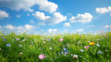 A vibrant meadow filled with colorful wildflowers under a bright blue sky with fluffy clouds, creating a serene and cheerful atmosphere.