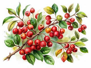 Elegant Watercolor Branches with Red Berries & Green Leaves - Summer Garden Abstract