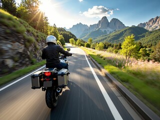 High speed motorcycle ride along a winding mountain highway on a sunny spring day