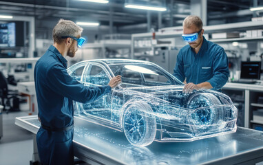 Engineers utilize advanced virtual reality technology to design a futuristic automotive prototype.