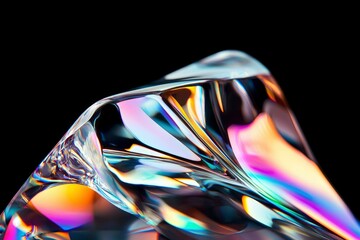 Abstract rainbow light refraction from crystal formation on black backdrop for art