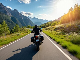 High speed motorcycle ride along a winding mountain highway on a sunny spring day