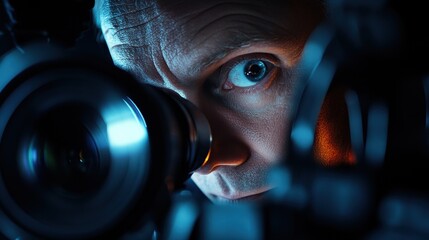 Close-up of a focused male photographer with intense blue eyes peering through a camera lens, surrounded by soft, dramatic lighting.