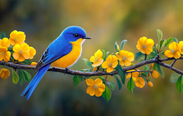 Obraz premium A vibrant blue and yellow bird perched gracefully on a branch adorned with yellow flowers, capturing the essence of nature's beauty in a tranquil setting.