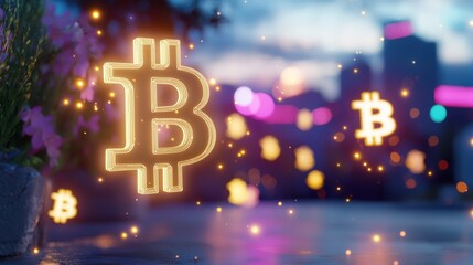 Bitcoin payment scam awareness urban landscape digital art evening glow informative concept