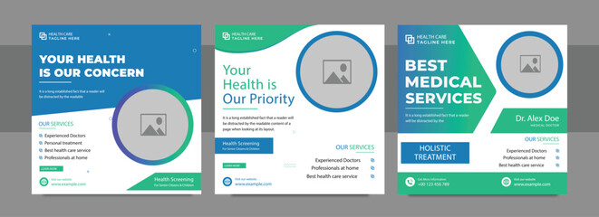 Professional medical healthcare service social media post template design. Clinic or hospital digital marketing. Creative health business promotion banner for doctor, dentist with logo.