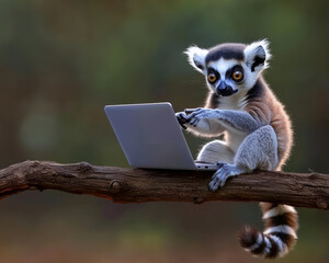 A playful lemur sits on a branch, expertly typing on a laptop.
