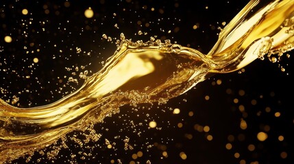 A mesmerizing stream of golden liquid splashes against a dark background, creating an elegant and dynamic visual display.