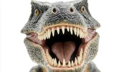 Obraz premium Close-up of a menacing T-Rex figurine with sharp teeth, embodying raw power and primal fear.