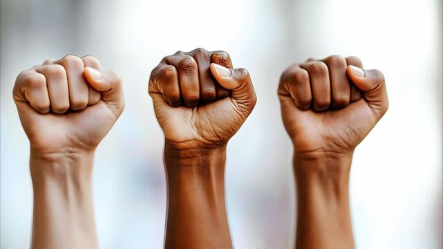 Three raised fists of varied skin tones, symbolizing solidarity and unity in a social or political context.