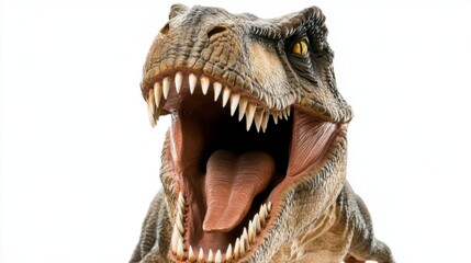 Fototapeta premium Close-up of a menacing T-Rex figurine with sharp teeth, embodying raw power and primal fear.