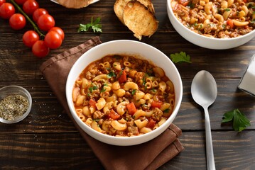 American goulash, dish with ground beef and elbow macaroni in tomato sauce