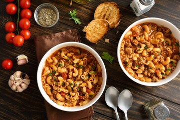 American goulash, dish with ground beef and elbow macaroni in tomato sauce
