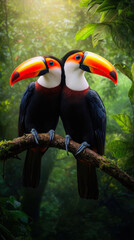 Fototapeta premium Two vibrant toucans perched closely together on a branch, surrounded by lush greenery.
