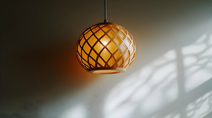 Wooden pendant lamp illuminates room, tree shadow background, interior design