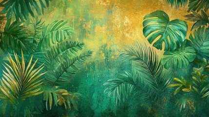 A vibrant tropical foliage background featuring lush green leaves and a golden glow, creating a serene and inviting atmosphere.