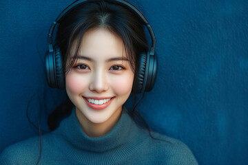 A smiling Asian girl with headphones on her head, set against a blue background, embodying the pleasure of listening to music or studying in a relaxed and joyful moment
