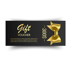 Golden voucher or gift card, gold certificate for discount. Set of isolated template for present coupon with ribbon and bow. Vector illustration